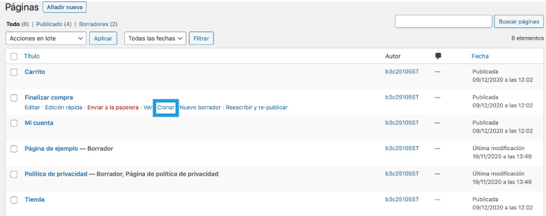 como clonar pagina wordpress