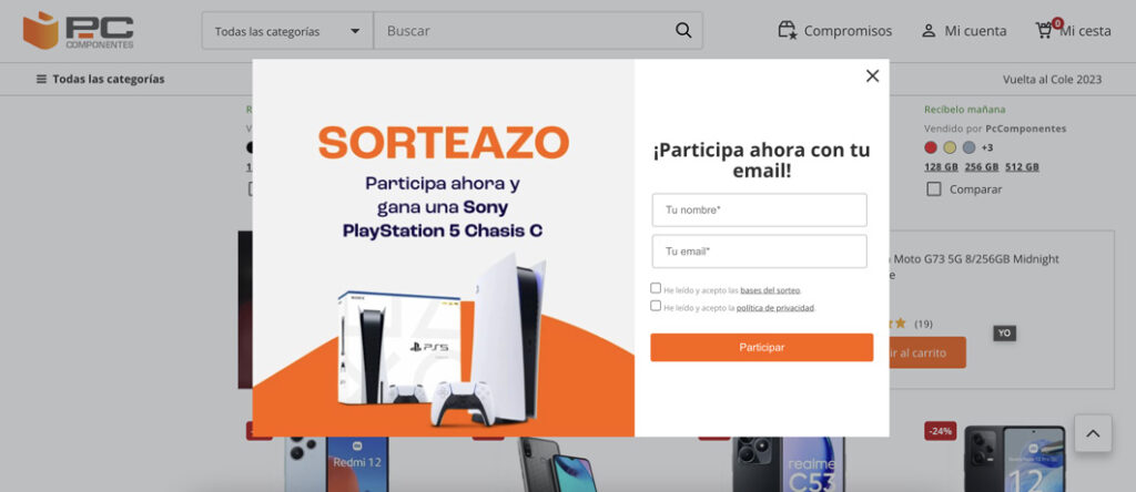 popup ecommerce pccomponentes ejemplo